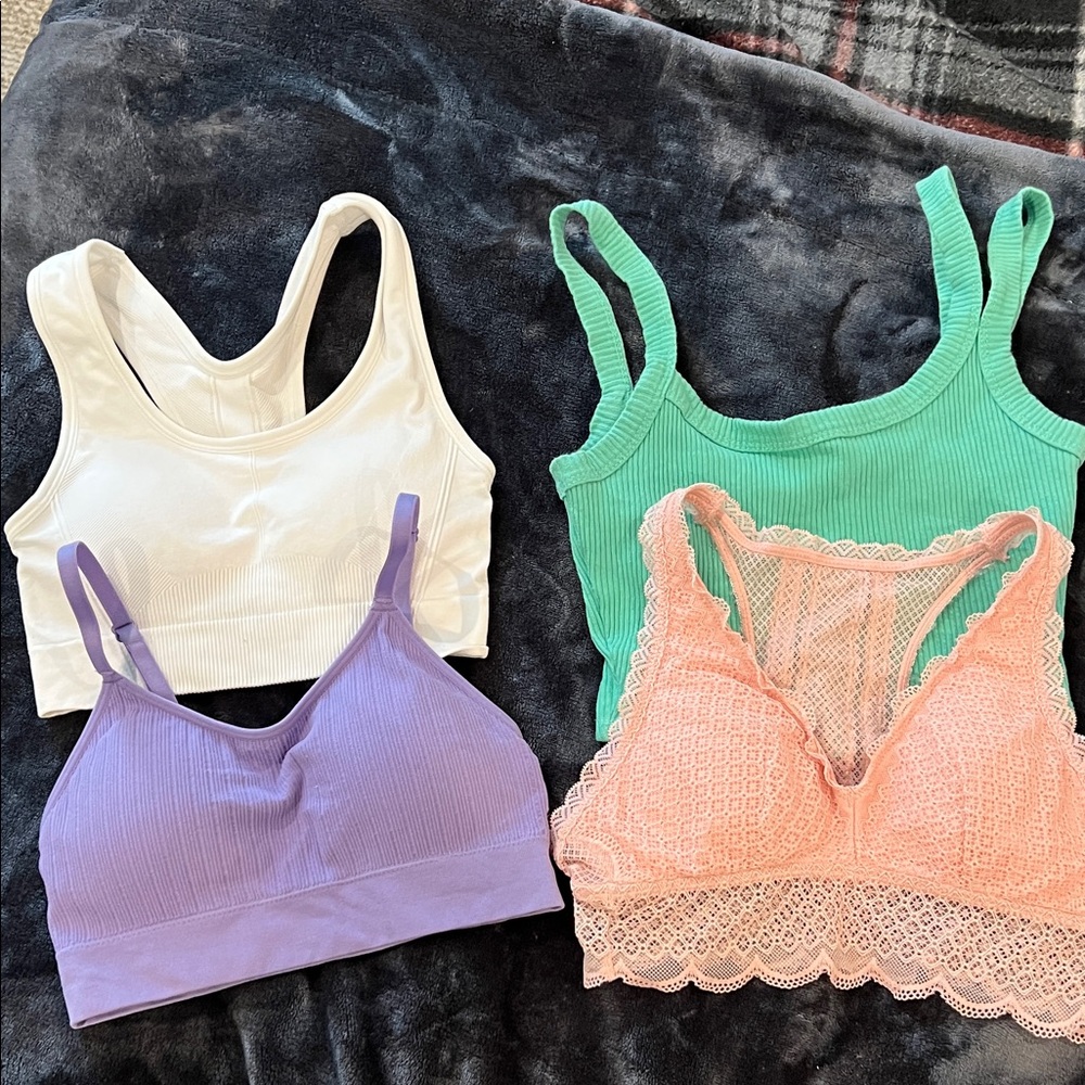 Young lady 4 Set Sports bras, lace bra and tank top- White, Green, Purple, Peach